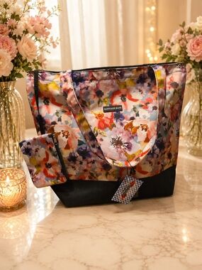 Floral Multicolor & Black Tote Bag with Matching Pouch